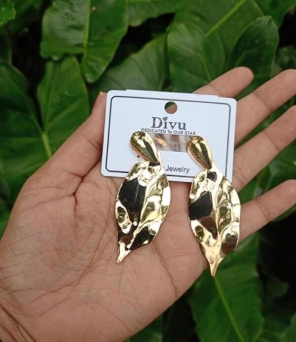 Gold Textured Leaf Drop Earrings, Large Statement Stud, Polished Copper Alloy - Image 4