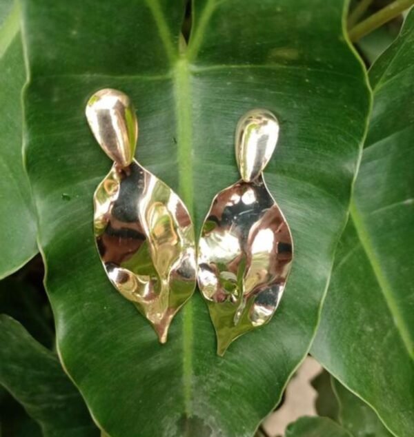 Gold Textured Leaf Drop Earrings, Large Statement Stud, Polished Copper Alloy - Image 3