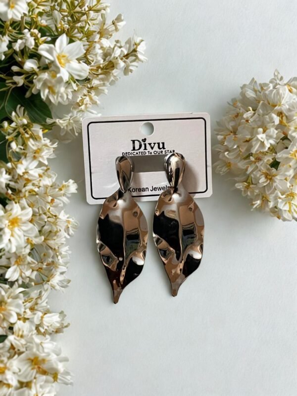 Gold Textured Leaf Drop Earrings, Large Statement Stud, Polished Copper Alloy - Image 2