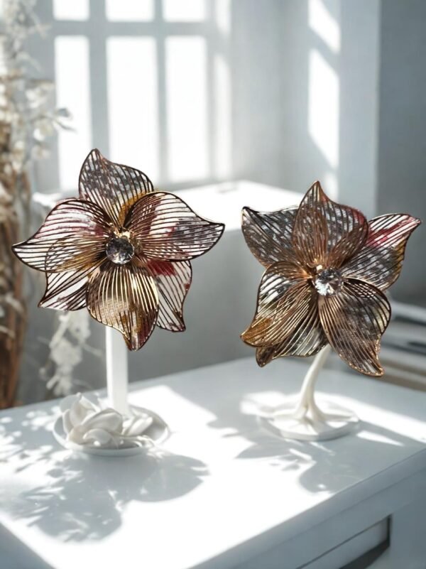 Floral Stud Earrings, Polished Copper Alloy - Image 2